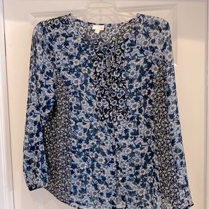 J Jill blue floral print button down blouse sheer size L